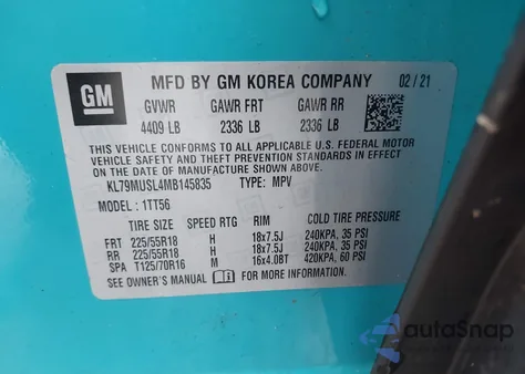 2021 Chevrolet Trailblazer Awd Rs z USA, uszkodzony, nr VIN KL79MUSL4MB145835